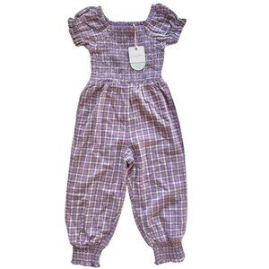 SweetHoney Smocked Plaid Jumpsuit | Flutter Sleeve, 100% Cotton | Purple | 4T |